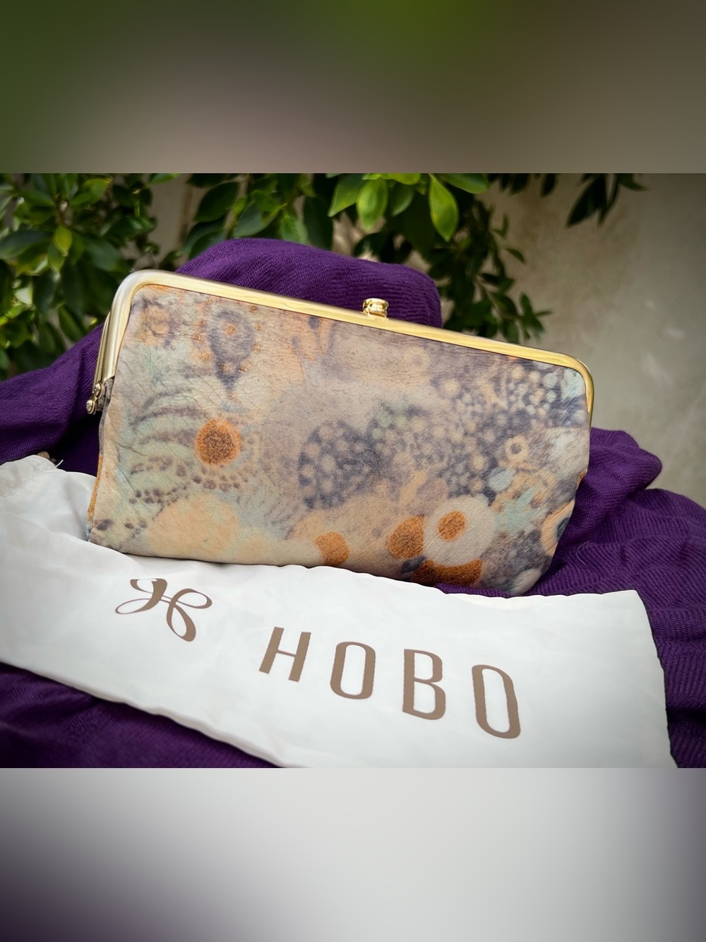 HOBO Lauren Clutch Wallet Gold-Tone Floral Print Leather + Dust Bag